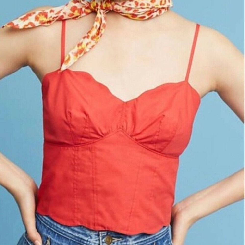 Anthropologie MAEVE 14 Raspberry Red Cropped Top Scalloped Bustier Button‎ Back